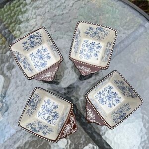Ceramic Floral Lace Blue & Brown Square Serving Bowls/Ramekins - Set of 4